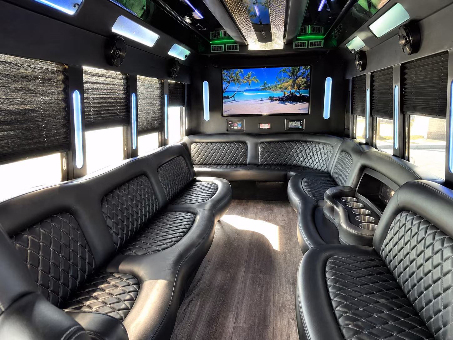 Passenger watching the Anaheim scenery during a regional party bus road trip