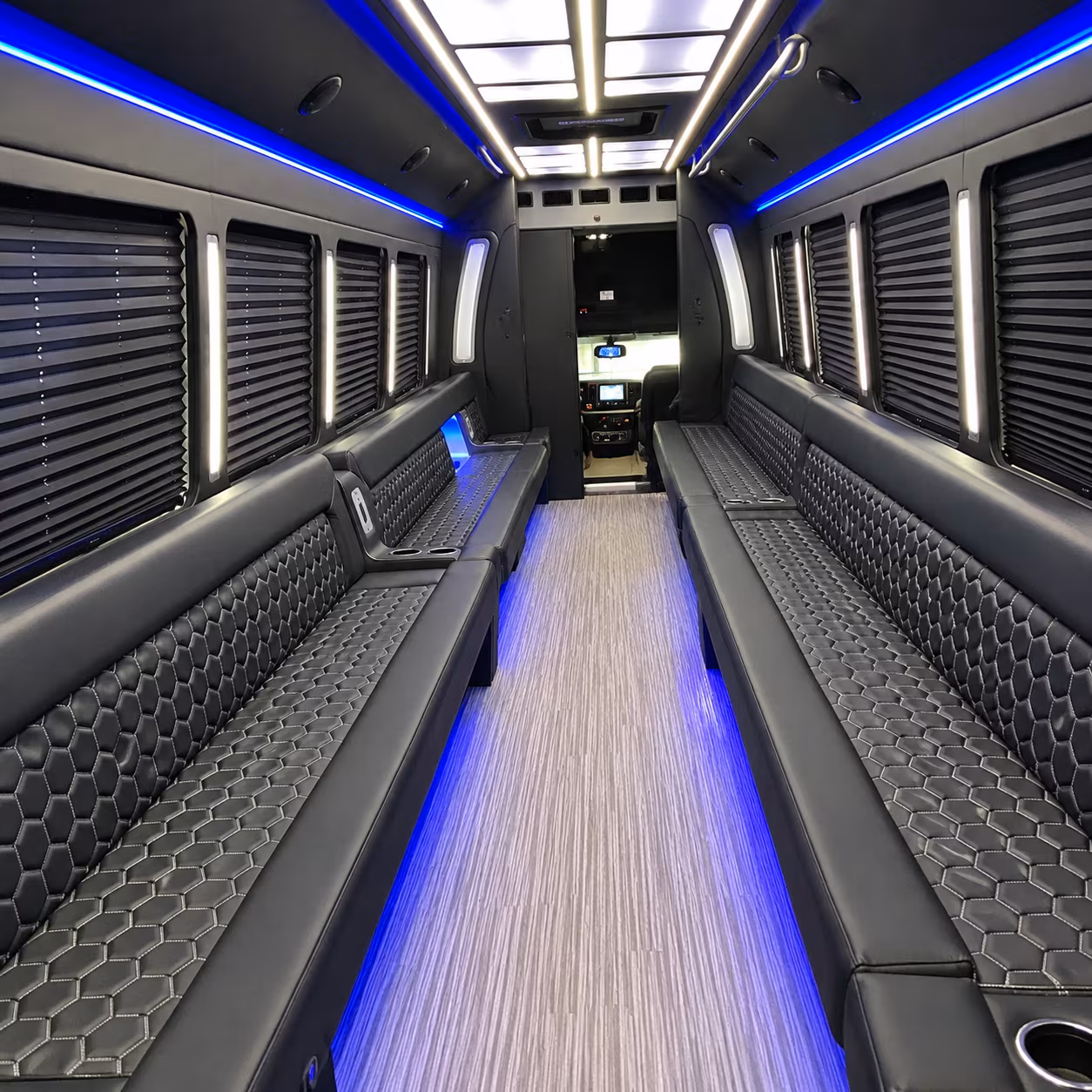 Wedding guests seated inside a party bus serving Anaheim