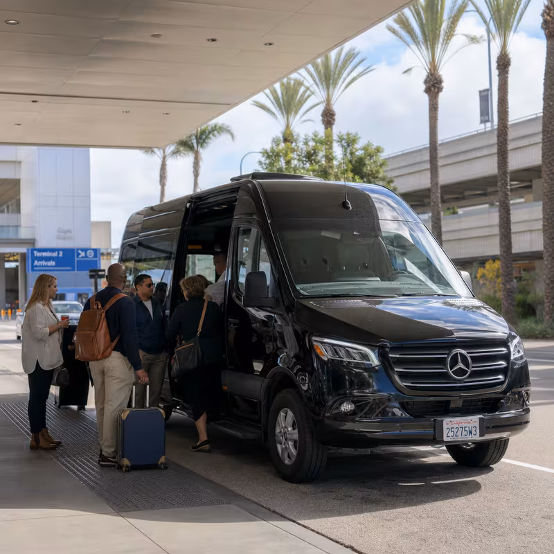 Group boarding a white charter bus for Airport Transportation transportation in Anaheim