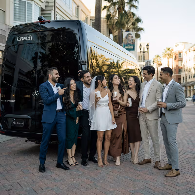 Group boarding a white charter bus for Bachelor & Bachelorette Transportation transportation in Anaheim
