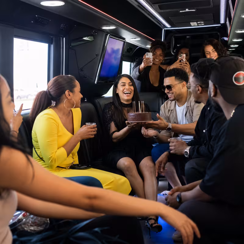 Black Mercedes Sprinter van staged for an Anaheim Birthday Transportation group