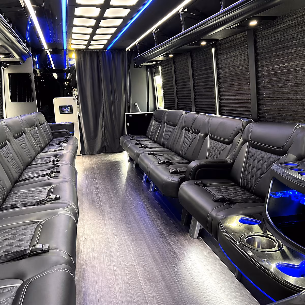 Interior of a party bus rental serving Anaheim