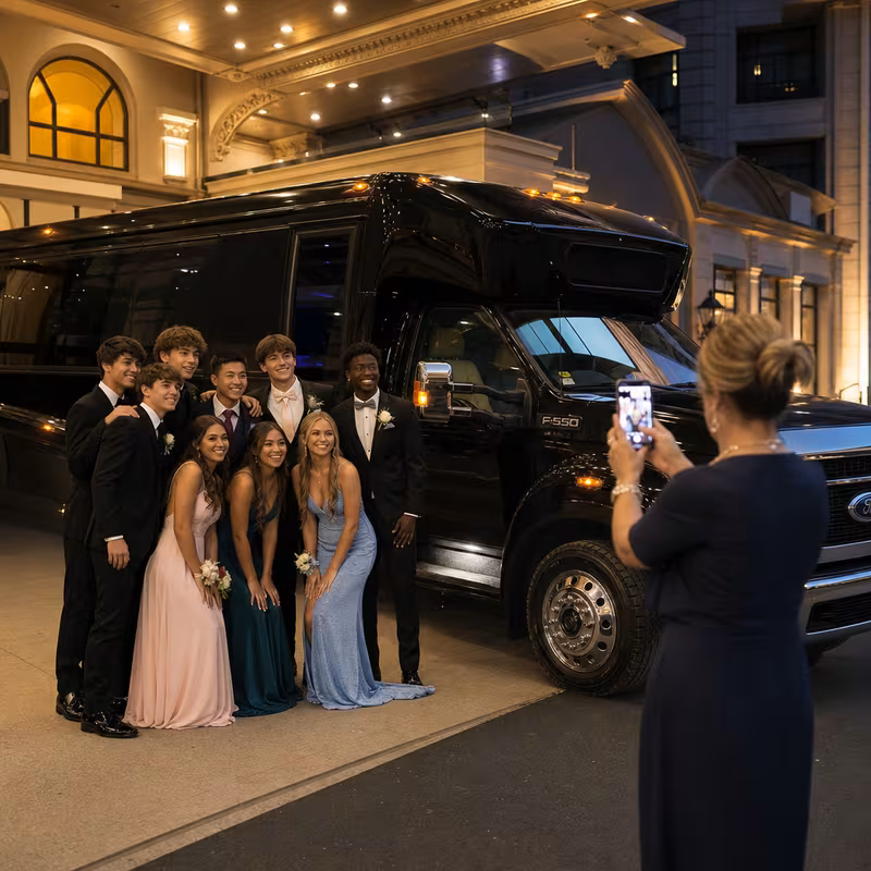Party bus interior with wraparound leather seating and LED lighting in Anaheim