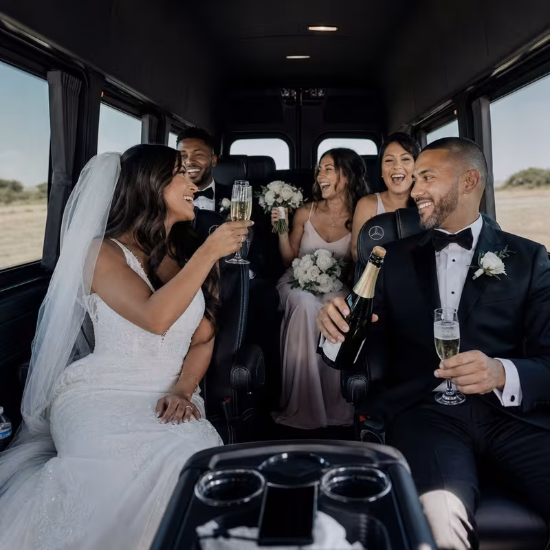 Black Mercedes Sprinter van staged for an Anaheim Wedding Transportation group