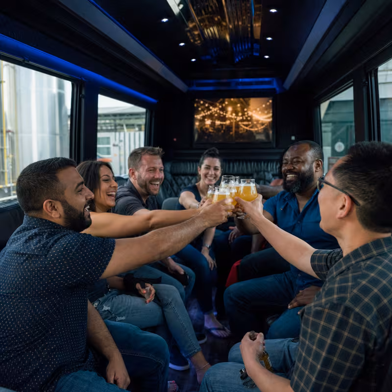 Group boarding a white charter bus for Winery & Brewery Tour Transportation transportation in Anaheim